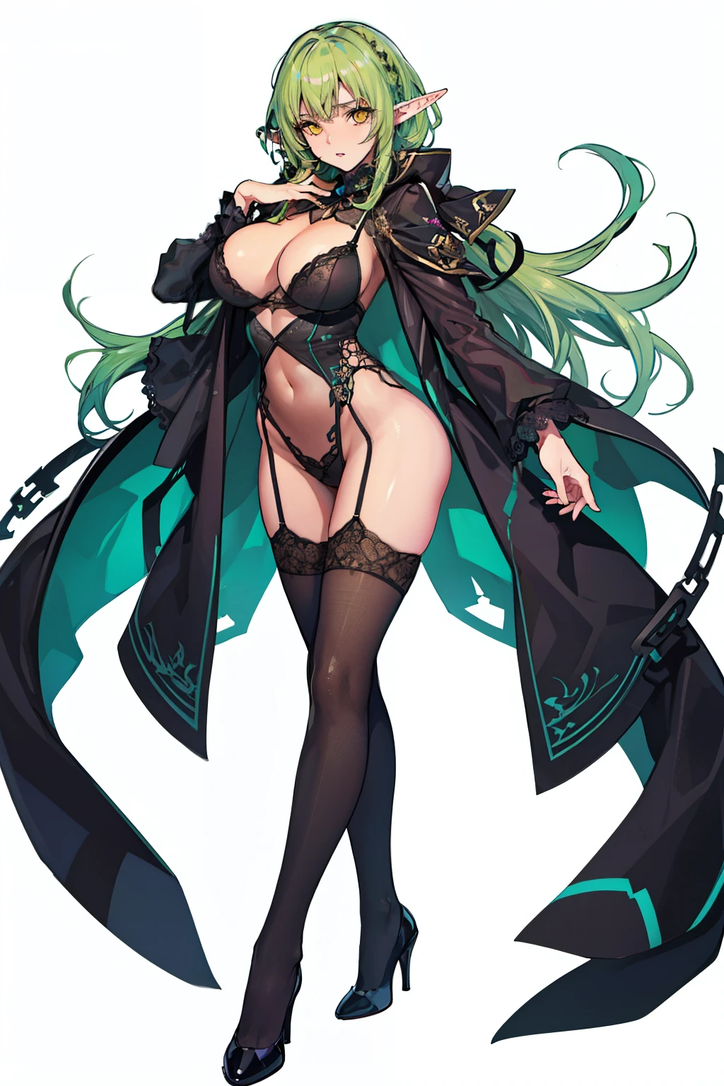 adult elf woman, yellow eyes, long shapely legs, giant breasts, slim body, green hair, Black erotic lingerie with lace, and high heels, 8k, hd, masterpiece, dynamic body, white background