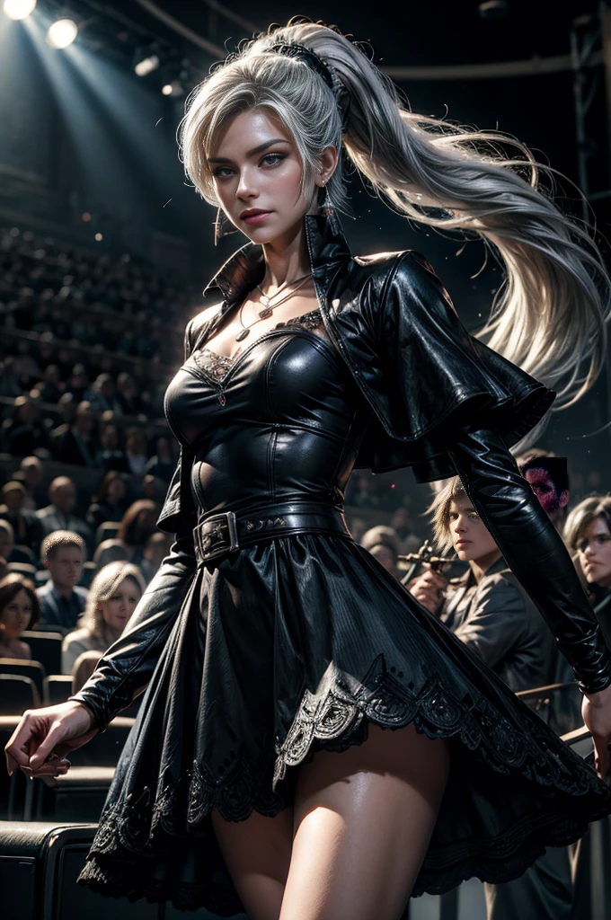 (masterpiece, best quality:1.2), cowboy shot, dynamic pose,  weissvale, smile, closed mouth,  long white hair, side ponytail, scar above eye, scar below eye, black dress,  jewelry, necklace, earrings, future_urban, standing in theater, microphone, orchestra, audience, crowd, (volumetric lighting), intricate details, tonemapping, sharp focus, hyper detailed 