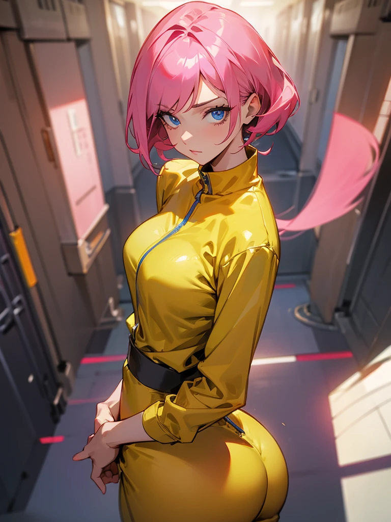 Mature woman being viewed through a HUD with information, facefocus,  big pink hair, shining blue eyes, wearing a mustard yellow jumpsuit, breasts big, looking 35 years old, eye on the spectator, Look to the camera, , the background is a dark corridor,  Hands on waist, thick-thighs, ((underbutt))), ((downward gaze, gazing at viewer)), pima work