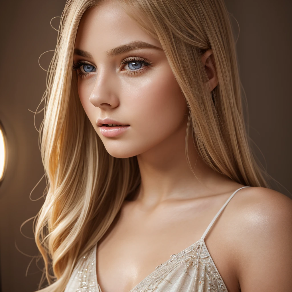 1 woman, realistic face, realistic photo, Young woman, fashion model, black dress, in a fitting room, realistic background, blonde, long hair, ambar eyes