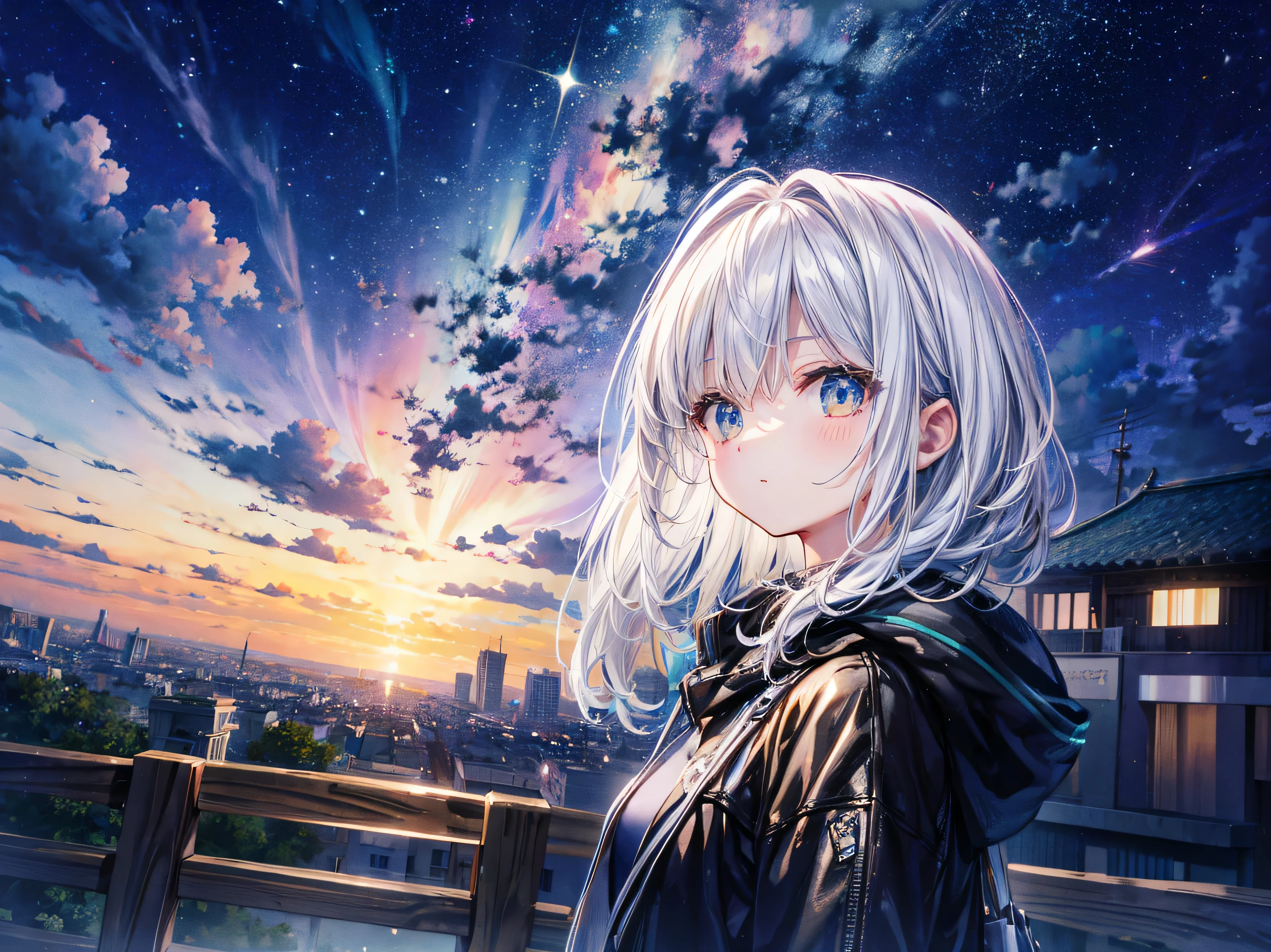 Octanellender, empty, star (empty), landscape, star空, night, Big Tits Girls, night空, alone, outdoor activities, building, cloud, milky way, sit, wood, Long white hair, city, Contour, City view, Looking up at the sky, 8k, 美しいnight空, Ray Tracing, masterpiece, Cute Face