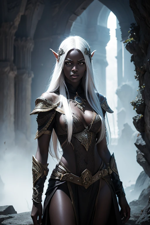 a beautiful dark elf woman, drow, with black skin and long white hair, detailed and intricate facial features, Porcelain Skin, impressive eyes, fleshy lips, slender figure, Ranger clothing, dramatic lighting, fantasy dramatic scene, dark and moody atmosphere, detailed textures, highy detailed, 8k, cinematic, award-winning works of art, digitalpainting, conceptual artwork, photorrealistic, She is standing in a castle-style stone room, the woman is a priestess of the spider goddess