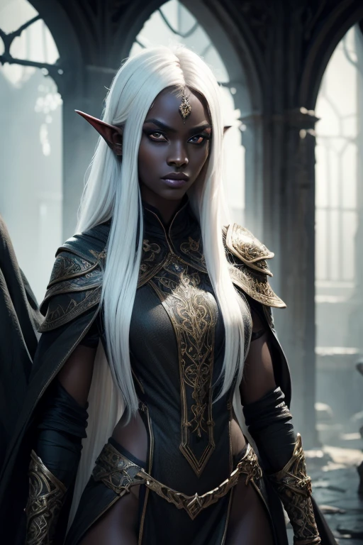 ((best quality)), ((masterpiece)),((detailed)), drow, dark elf, woman with white hair, red pupils, ((black skin)), focus on face, eighteen years , sexy, sensual, long legs, athletic body, well-toned body, skinny body, fullbody, large breasts, open neckline, sexy black armor, skinny thighs, medium hair, long eyelashes, elf ears, black colored skin, sunny medieval town