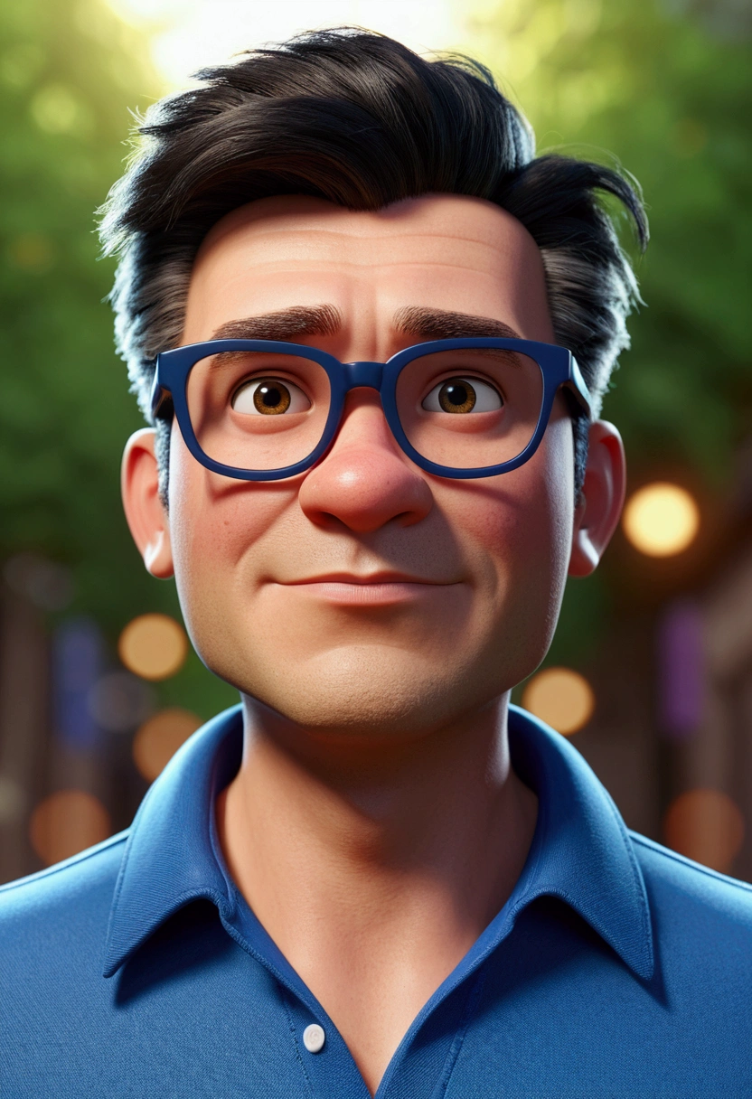 Cartoon character of a man in black glasses and blue shirt, an animated character, stylized character, animation style rendering, 3d stylized, Arnold Maya rendering, Stylized 3D rendering, toon render screenshot, 3d character, 3d character, Stylized 3D rendering, 3D character rendering, cartoon character, Personagem de close up, character posing, (Pixar-style) (master part:1.2) (bokeh) (best qualityer) (skin detailed) (detailed texture) (8k) (Argilla) (cinematic lighting) (sharp focus,Sit down and lift your upper body