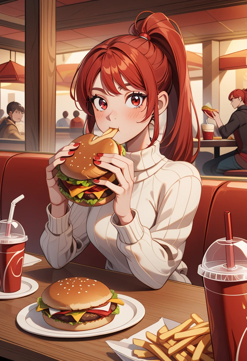 food, burger, restaurant, cup, french fries, red hair, long hair, pov across table, holding, eating, disposable cup, red nails, sitting, sweater, tray, indoors, looking at viewer, drinking straw, holding food, solo focus, 1girl, ponytail, fast food, nail polish, long sleeves, white sweater, ribbed sweater, table, ketchup, red eyes, multiple boys, drink, people