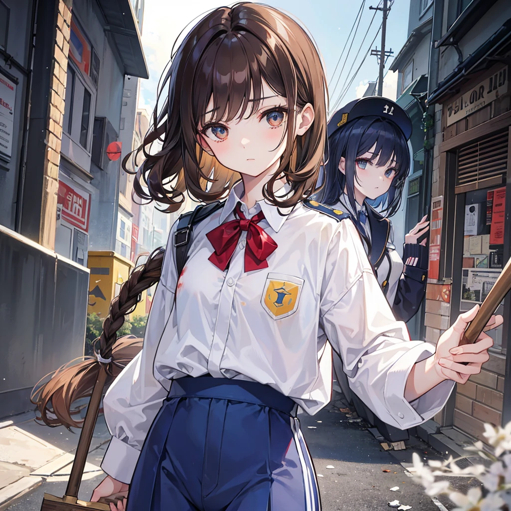 1 girl with medium sized curly hair, brownhair, honey-colored eyes with 2 spots on the right side of the face and white skin color, wearing uniform with white shirt, dark blue pants with white line on the pants, clothes with blood holding an ax in hand, 1 with shoulder-length straight hair , brown hair color, dark brown eyes and white skin color, uniform with white shirt with dark blue pants with line on pants with blood on clothes holding a broom , 1 menino de brownhair curtos e olhos castanhos escuros vestindo camisa branca com calça azul escura cheia de sangue segurando um taco de beisebol e sua cor de pele é moreno, all of them with a somewhat sad face, all with the entire body facing forward, looking at the camera, the scene behind them a school in front with some zombies, the lighting is a little dark but you can see everything, all 3 together in the same place, They are all teenagers and are in high school