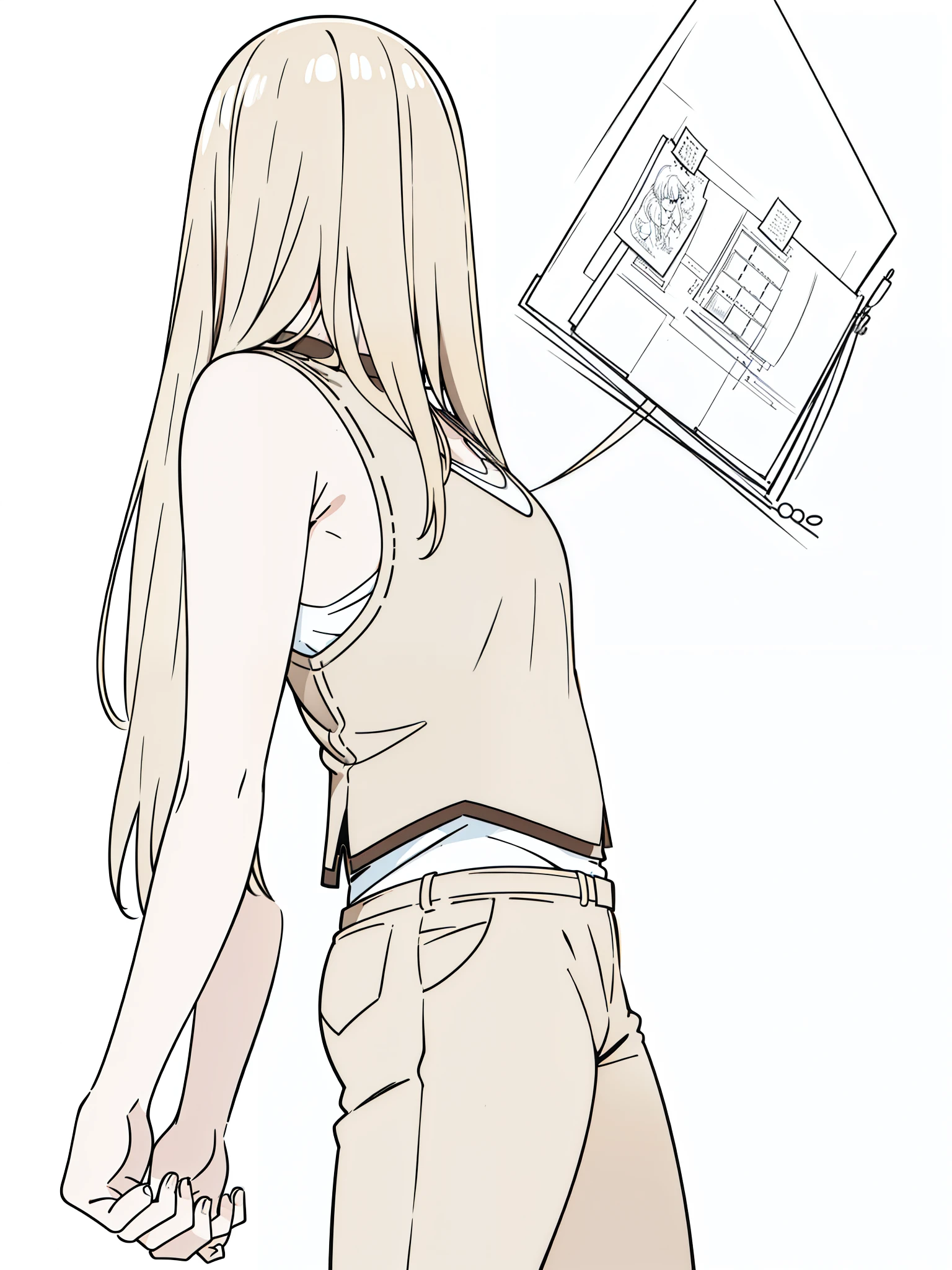 (1girl,20 years old,mature female),blonde hair,extra long hair,brown vest, sleeveless, bare shoulders,brown shorts,((white background,line drawing)),(back view:, from below),looking up,
