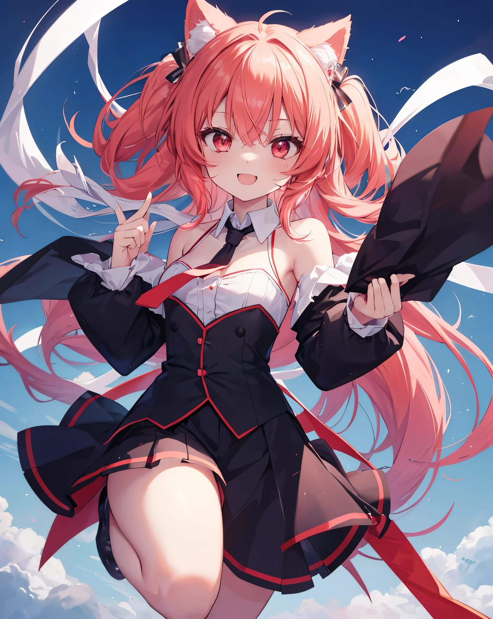 High quality, kotori_itsuka,1girl, solo, neko ears, untied necktie, White ribbons to tie hairs,random dynamic scene , bare shoulders , long red hair, vibrant red eyes, she's jumping towards me, super High jump, she's evil happy, smile