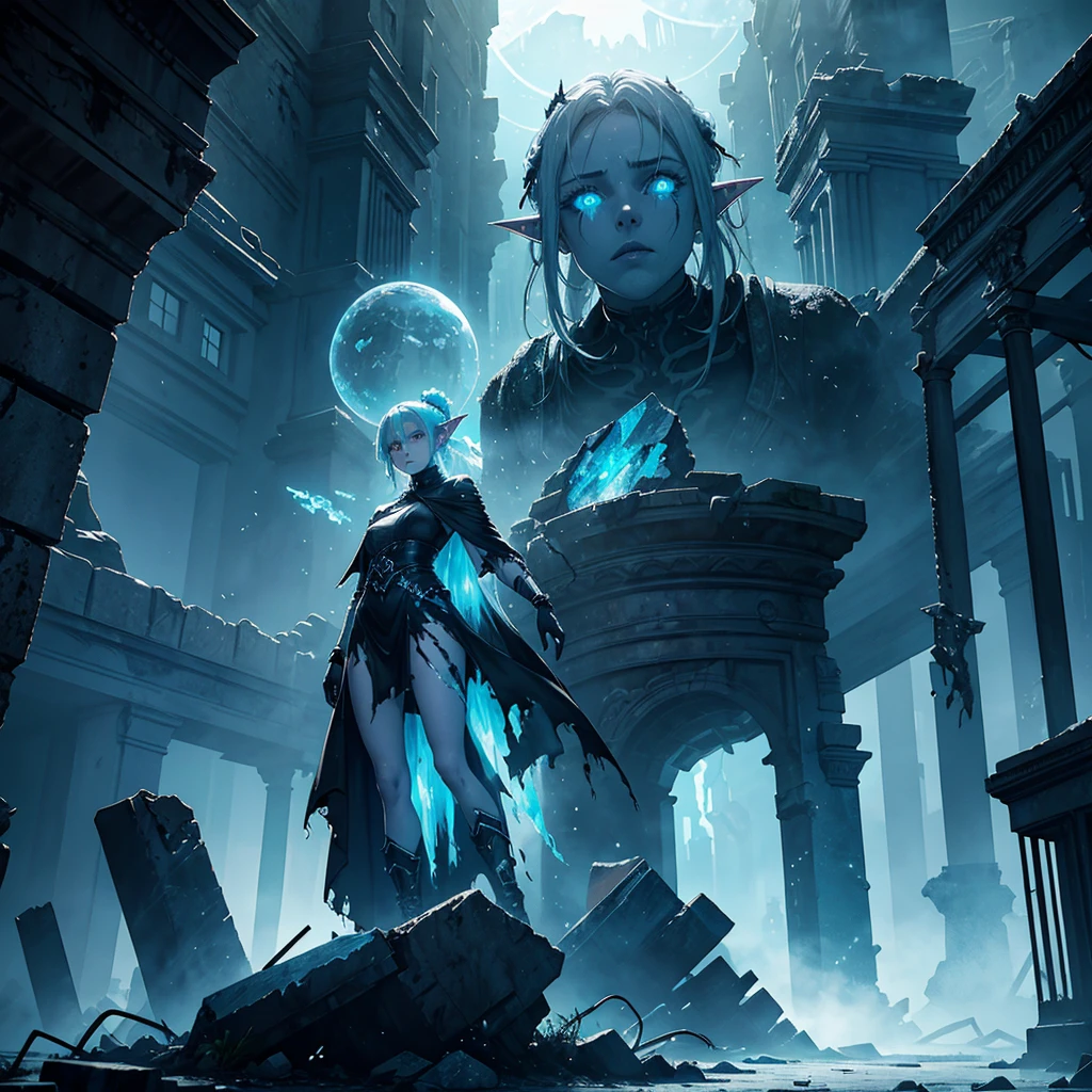 Woman, imposing spectrum, (Eleven), ethereal and dark appearance, torn garments, surrounded by shadows, aura of despair, eyes shining icy blue, ice and shadow skills, spectral appearance with fog and ice visual effects, ancient ruins in the background, corrupted, Ranni, full body, character focus, greenish skin, elf ears, bluish glow
