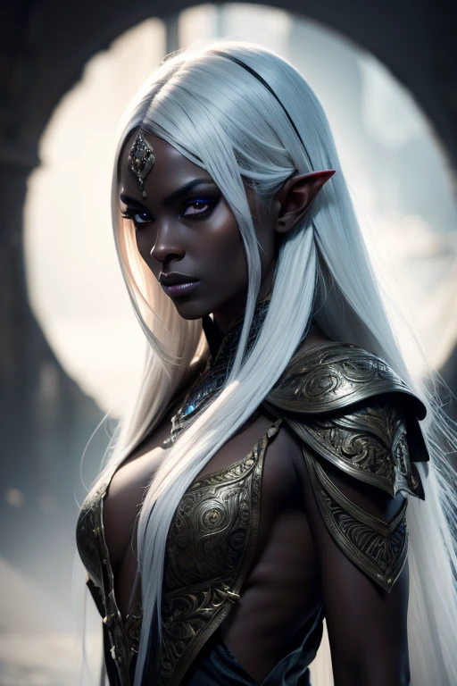 a beautiful dark elf woman, drow, with dark gray skin and long white hair, detailed and intricate facial features, Porcelain Skin, impressive eyes, fleshy lips, slender figure, Ranger clothing, dramatic lighting, fantasy dramatic scene, dark and moody atmosphere, detailed textures, highy detailed, 8k, cinematic, award-winning works of art, digitalpainting, conceptual artwork, photorrealistic