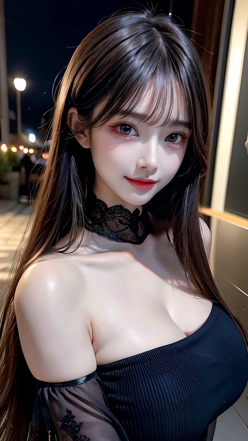 (logo, masterpiece, 8k, Tabletop, RAW Photos, wonderful, 最high quality, フォトリアリスティックでVery detailedな CG 合成 8k 壁紙, high quality, Very detailed, Narrative poem, Particle Effects, Dynamic Effects, Depth of the Boundary, What is written in it?, Cinematic Light, Lens flare, Ray Tracing),  Skin with attention to detail, (Very fine, Fine skin, Intricate details, Beautiful Face, (Realistic Face), Realistic eyes, Beautiful and detailed eyes, Realistic Skin, Beautiful Skin, Surreal, Very detailedな黄金比, Smiling Eyes, ((Night moonlight background) )), Body Portrait, G Cup, Big Breasts, Huge breasts, Big Breasts, glamorous, sexy knit dress, From below