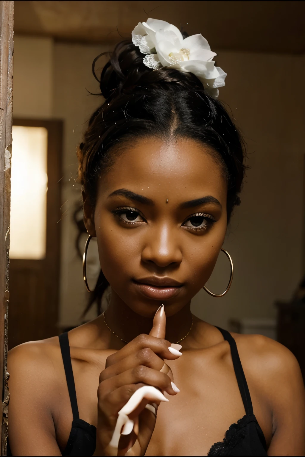 Create a portrait of a beautiful black young adult female with an aftro, looking towards the camera, black girl magic