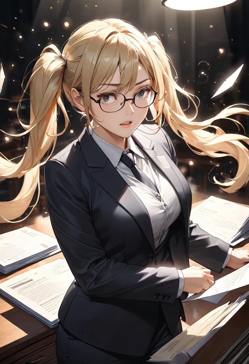 Highest quality, Highest quality, 16K, Unbelievably absurd, Very detailed, delicate and dynamic, Detailed facial depiction, , Particles reflect light, Diffuse reflection of light, Vortex of Light, Files on the desk, Spotlight, trial所, trial, Defense, Glassesが光を反射する, Create amazing image effects, Close-up, (sole sexy lady, big firm bouncing busts, long wavy blonde hair, Twin tails, lawyer, Powerful, Chic black suit, White blouse, pants suit, High heels, Glasses, Serious, Self, enthusiasm, Spiel, Stand up and read the document, Glassesを手で押し上げる,)