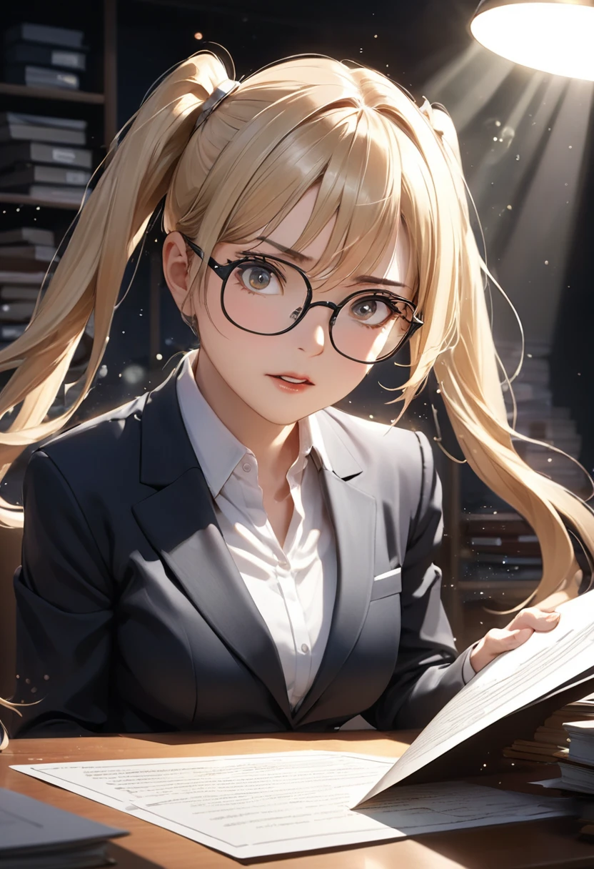 Highest quality, Highest quality, 16K, Unbelievably absurd, Very detailed, delicate and dynamic, Detailed facial depiction, , Particles reflect light, Diffuse reflection of light, Vortex of Light, Files on the desk, Spotlight, trial所, trial, Defense, Glassesが光を反射する, Create amazing image effects, Close-up, (sole sexy lady, big firm bouncing busts, long wavy blonde hair, Twin tails, lawyer, Powerful, Chic black suit, White blouse, pants suit, High heels, Glasses, Serious, Self, enthusiasm, Spiel, Stand up and read the document, Glassesを手で押し上げる,)