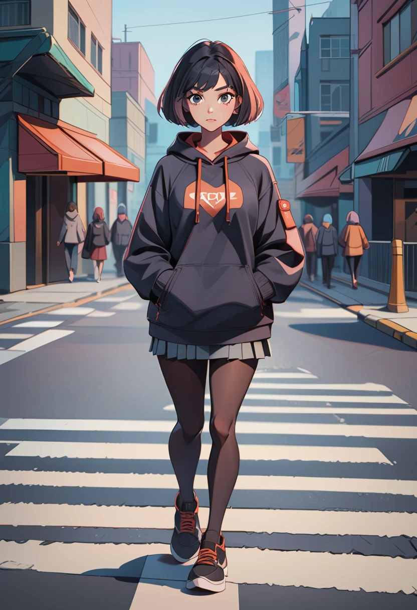 th3t4styl3,black hair, pantyhose, hood, outdoors, 1girl, street, looking at viewer, road, hoodie, hand in pocket, black hoodie, full body, shoes, closed mouth, black pantyhose, building, solo, city, hood down, standing, black footwear, alley, long sleeves, bag, backpack, short hair, crosswalk, clothes writing, skirt, day, grey eyes, sneakers, black eyes, drawstring, walking, solo focus, sleeves past wrists