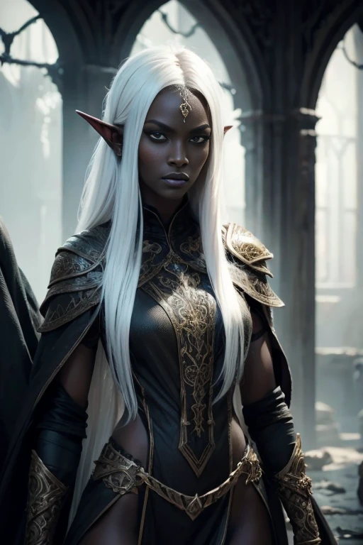 a beautiful dark elf woman, drow, with black skin and long white hair, detailed and intricate facial features, Porcelain Skin, impressive eyes, fleshy lips, slender figure, Ranger clothing, dramatic lighting, fantasy dramatic scene, dark and moody atmosphere, detailed textures, highy detailed, 8k, cinematic, award-winning works of art, digitalpainting, conceptual artwork, photorrealistic, She is standing in a castle-style stone room, the woman is a priestess of the spider goddess