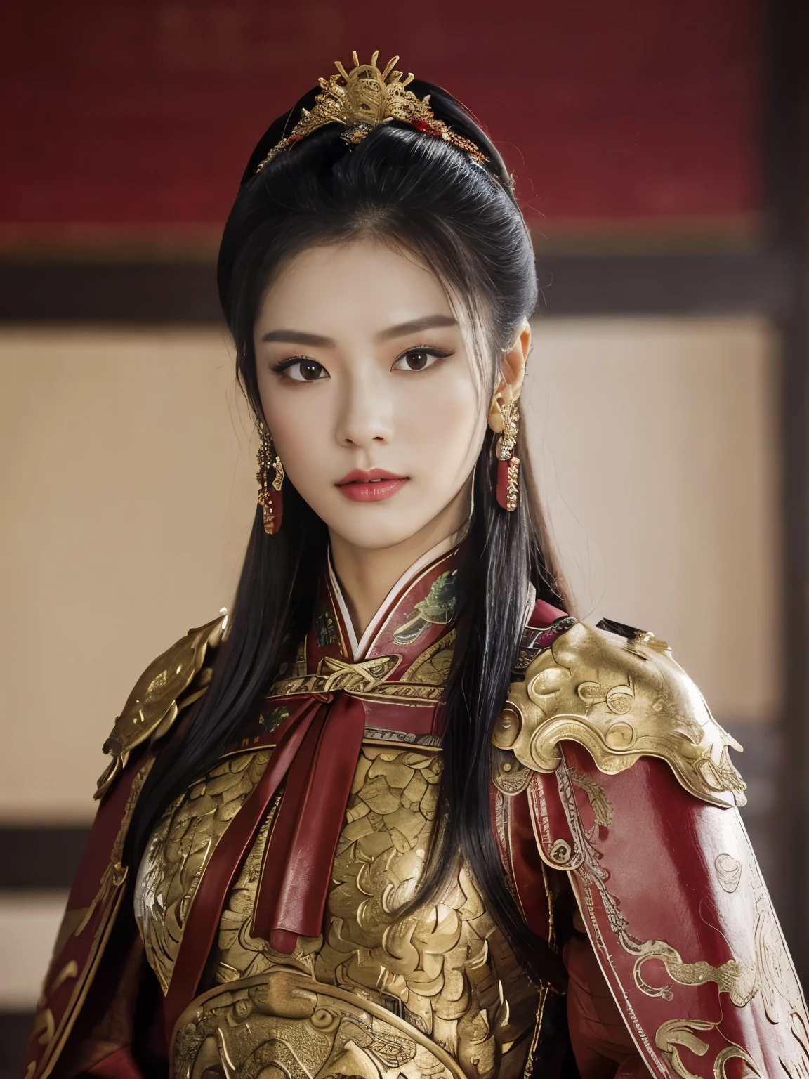 Holding a Chinese long sword in front of his chest with both arms、Front view , a Chinese female warrior, ancient Chinese girl, 2 century, looking at viewer, beautiful Chinese Young General, girl is 26 years old, (Highly detailed face, Black hair, middle hair ,Brown eye, Variegated eyes, Ordinary eyes, Tapered eyebrows, Fuller lips, little Lips, sylas), (ears decoration earring), (middle breasts, middle hip), (ancient Chinese costume, Red decoration leather armor emboss armor of dragon , leather inner clothes, put shoulder Red Cloak ), (holding a ancient Chinese Broad sword), standing in Chinese Palace, near Garden, sunset ,(masterpiece, Highest quality, masterpiece, God-like quality, Godly art, , Very realistic)