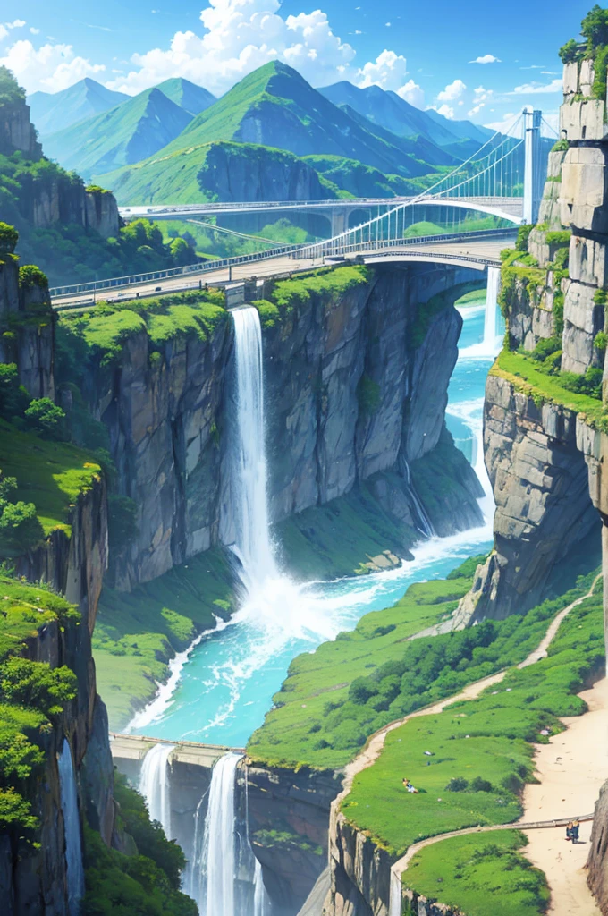 Light blue long hair、Beautiful girl with twin tails、Bright smile、T-Shirts、Denim shorts、A large suspension bridge spanning a valley、A stream flowing through the valley from the bridge、Beautiful scenery、blue sky