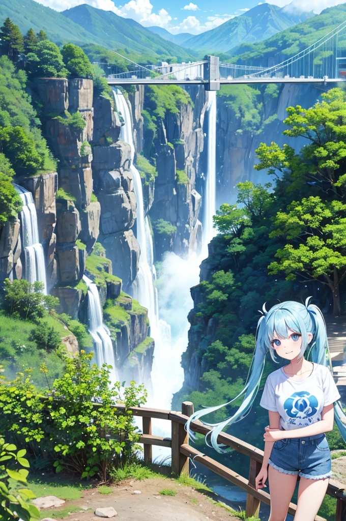 Light blue long hair、Beautiful girl with twin tails、Bright smile、T-Shirts、Denim shorts、A large suspension bridge spanning a valley、A stream flowing through the valley from the bridge、Beautiful scenery、blue sky