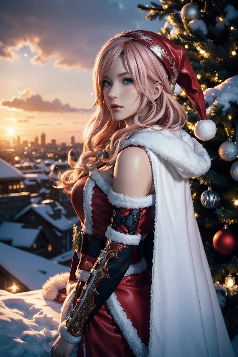 Best Work,Artistically beautiful,lightning,Final Fantasy 13,FF1 Pink Blonde,Medium Hair,Light perm hair,Hair curled to one side,Let your bangs down,Beautiful Blue Eyes,Beautiful and high nose,red santa claus costume,Santa Claus is,christmas armor,christmas sword,red santa claus coat,Use blizzard magic,Ultra HD,high quality,masterpiece,Digital SLR,Detailed explanation,Intricate details,Anatomical basis,Detailed Description,Detailed face,Realistic skin texture,Sharp details,Perfect Anatomy,Perfect Anatomy,Anatomically correct hand,Anatomically correct fingers,Super Detail,Complex 3D rendering,huge ,Sexy pose,bright red nails,Beautiful Christmas,Beautiful sunset,Amazing sunset,final fantasy cityscape,Fantasy worldview,Gorgeous Christmas Tree,White Christmas,Neon color,Beautiful cityscape,Mysterious snow scene,It&#39;s snowing,Picturesque,Photograph the whole body,9 heads,Red lips,Beautiful curly hair,Gorgeous necklace,Accentuate the beauty of your whole body,Beautiful nails,Laughter,