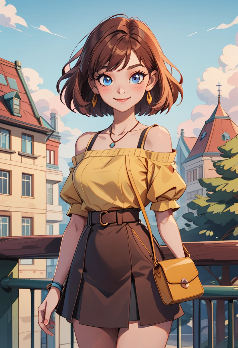 th3t4styl3,1girl, solo, skirt, jewelry, outdoors, shirt, off-shoulder shirt, smile, looking at viewer, earrings, off shoulder, yellow shirt, building, bag, handbag, closed mouth, sky, day, bare shoulders, collarbone, bracelet, brown hair, cowboy shot, short hair, tree, necklace, standing, cloud, city, black skirt, railing, blue sky, blush, brown skirt, breasts, shirt tucked in, puffy sleeves, short sleeves, medium hair, blue eyes, miniskirt, belt, shoulder bag