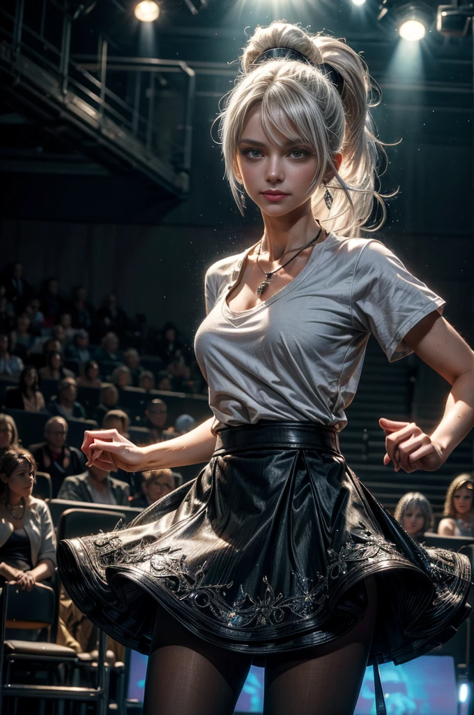 (masterpiece, best quality:1.2), cowboy shot, dynamic pose, weissvale, smile, closed mouth, long white hair, side ponytail, scar above eye, scar below eye, t-shirt, skirt, pantyhose, jewelry, necklace, earrings, future_urban, standing in theater, microphone, orchestra, audience, crowd, (volumetric lighting), intricate details, tonemapping, sharp focus, hyper detailed