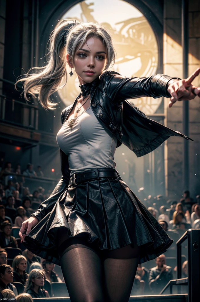 (masterpiece, best quality:1.2), cowboy shot, dynamic pose,  weissvale, smile, closed mouth,  long white hair, side ponytail, scar above eye, scar below eye, t-shirt, skirt, pantyhose,  jewelry, necklace, earrings, future_urban, standing in theater, microphone, orchestra, audience, crowd, (volumetric lighting), intricate details, tonemapping, sharp focus, hyper detailed 