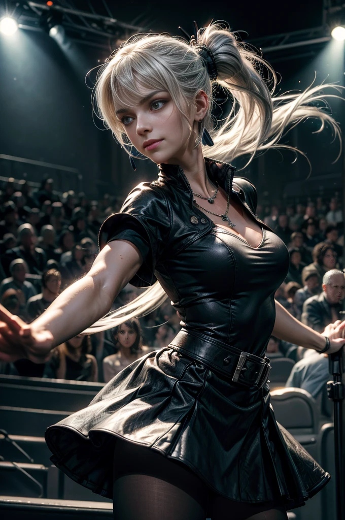 (masterpiece, best quality:1.2), cowboy shot, dynamic pose,  weissvale, smile, closed mouth,  long white hair, side ponytail, scar above eye, scar below eye, t-shirt, skirt, pantyhose,  jewelry, necklace, earrings, future_urban, standing in theater, microphone, orchestra, audience, crowd, (volumetric lighting), intricate details, tonemapping, sharp focus, hyper detailed 