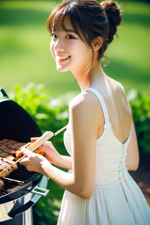 High resolution, masterpiece, Anatomically correct, Attention to detail, High resolutionモデル, One Woman, cute, In the woods、While grilling meat on the barbecue、Beautiful Japanese woman drinking a can of beer, bangs, Low Ponytail, Braided Ponytail, Smile pleasantly, A sleeveless white dress with a beautiful navy blue gradient, A stylish dress made of thin fabric, Fresh Green Forest, Bright sunlight, The outline of her hair shines in the backlight., Due to the reflection of the surface of the barbecue grill、Provides a good lighting effect on the face from below, whole body,, Cinematic Lighting Effects, hot summer images, sense of openness,