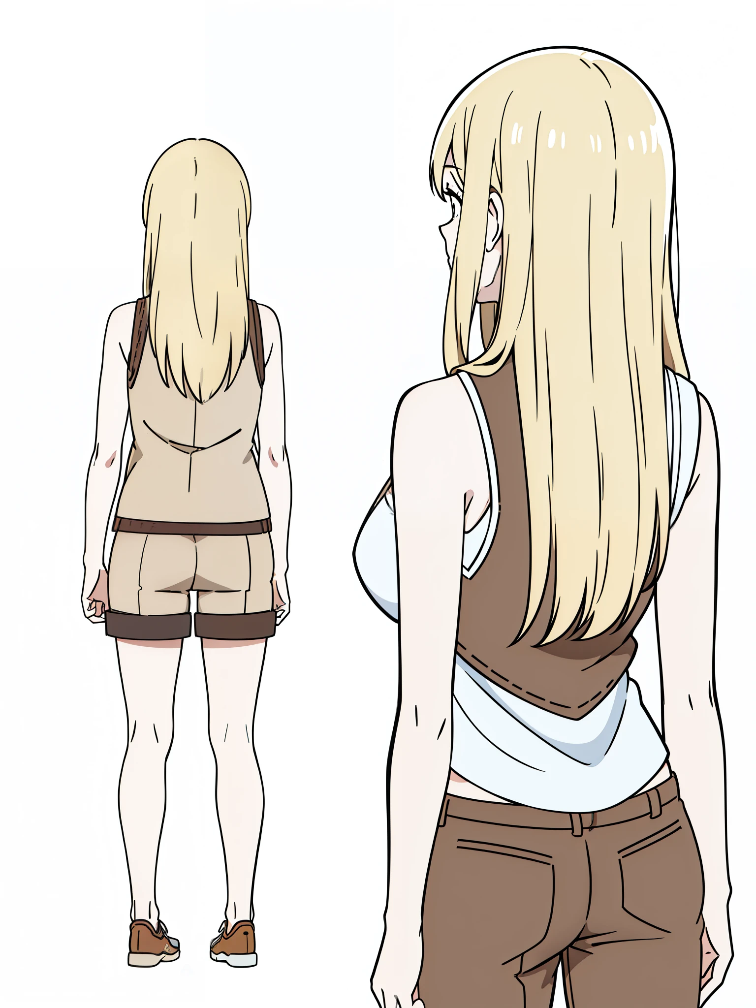 (1girl,20 years old,mature female),blonde hair,extra long hair,brown vest, sleeveless, bare shoulders,brown shorts,((white background,line drawing)),(((back view))),looking up,