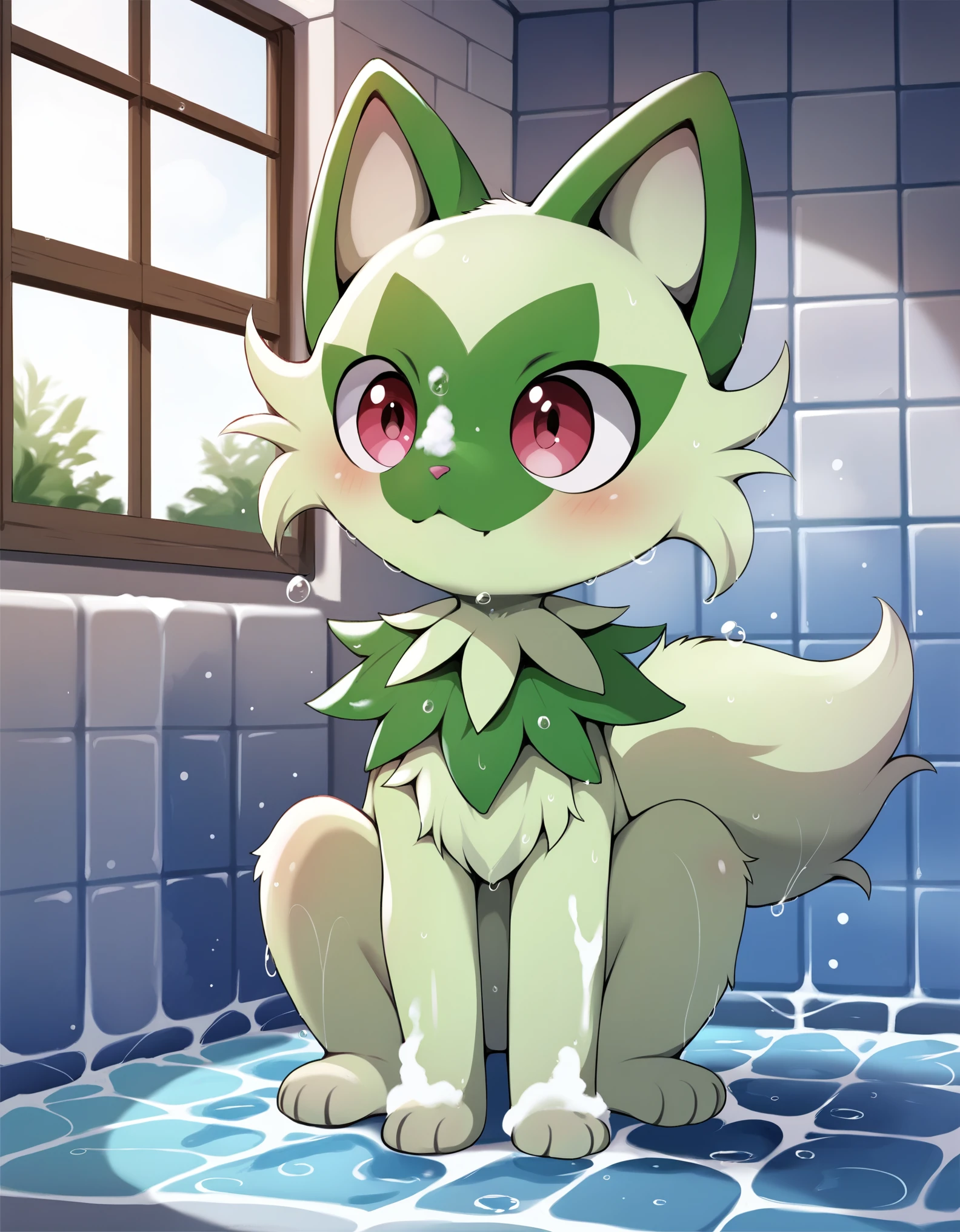 dagasi, body fur, score_9_up, score_8_up, score_7_up, source_anime, (masterpiece, perfectly detailed, detailed face, detailed eyes, beautiful eyes), PokeMaster_PS, sprigatito_pokemon, no humans, pokemon (creature), red eyes, bubble, soap bubbles, wet, :<, cat, water drop, closed mouth, tiles, indoors, solo