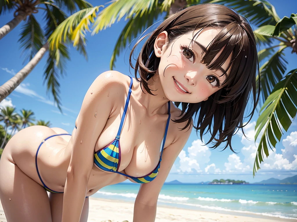 ((highest quality, masterpiece, High resolution)), ((reality)),Photos of beautiful Japanese women,((anime art))、 (((1 girl))), normal size breasts, slim body shape, medium short hair, double eyelid, Wet see-through micro bikini, A pareo with bold ethnic patterns and plenty of primary colors、realistic skin、(Brown skin:1.4),Wet,whole body,cinematic light、tropical、Against the background of palm trees on both sides、on a sunny beach、With the sea in the background、blur background、smile