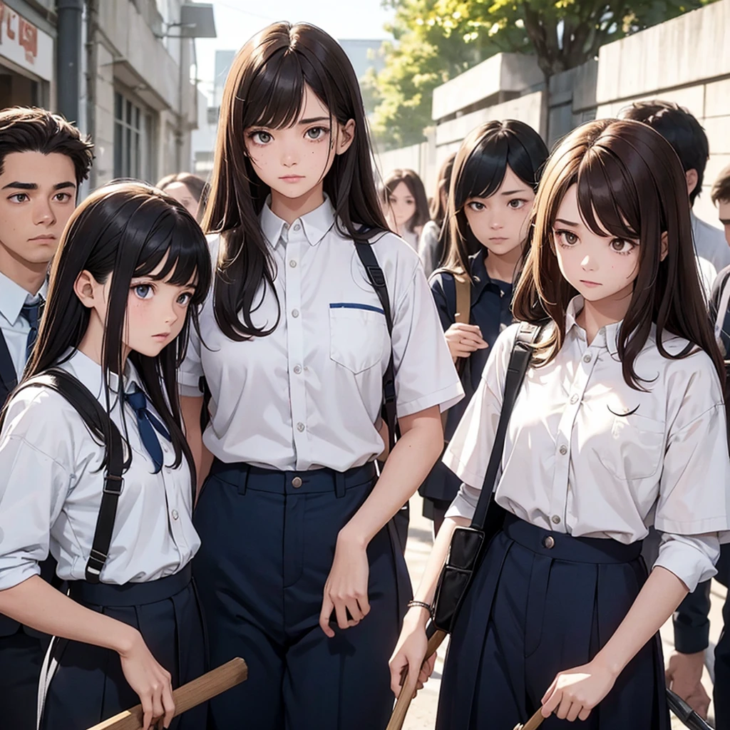 1 girl with medium sized curly hair, brownhair, honey-colored eyes with 2 spots on the right side of the face and white skin color, wearing uniform with white shirt, dark blue pants with white line on the pants, clothes with blood holding an ax in hand, 1 with shoulder-length straight hair , brown hair color, dark brown eyes and white skin color, uniform with white shirt with dark blue pants with line on pants with blood on clothes holding a broom , 1 menino de brownhair curtos e olhos castanhos escuros vestindo camisa branca com calça azul escura cheia de sangue segurando um taco de beisebol e sua cor de pele é moreno, all of them with a somewhat sad face, all with the entire body facing forward, looking at the camera, the scene behind them a school in front with some zombies, the lighting is a little dark but you can see everything, all 3 together in the same place, They are all teenagers and are in high school