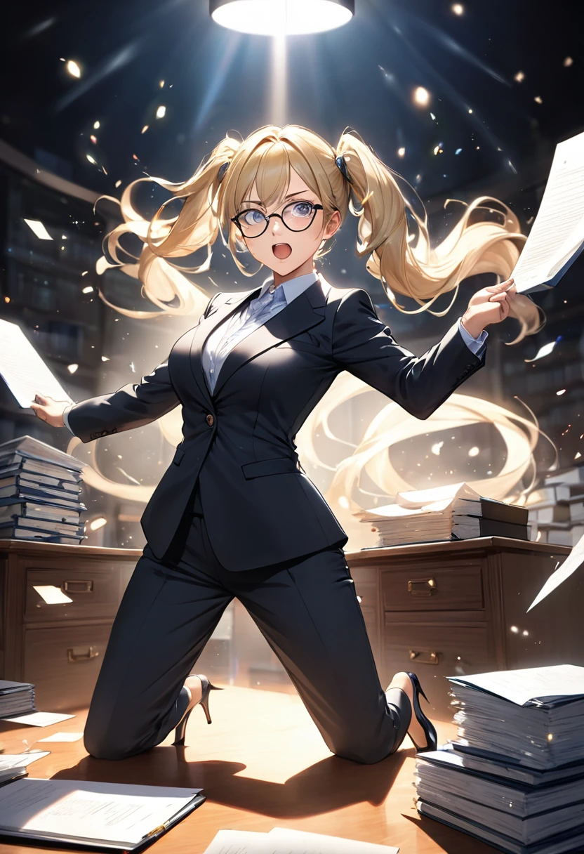 Highest quality, Highest quality, 16K, Unbelievably absurd, Very detailed, delicate and dynamic, Detailed facial depiction, , Particles reflect light, Diffuse reflection of light, Vortex of Light, Files on the desk, Spotlight, trial所, trial, Defense, Glassesが光を反射する, Create amazing image effects, Close-up, (sole sexy lady, big firm bouncing busts, long wavy blonde hair, Twin tails, lawyer, Powerful, Chic black suit, White blouse, pants suit, High heels, Glasses, Serious, Self, enthusiasm, Spiel, Stand up and read the document, Glassesを手で押し上げる,)