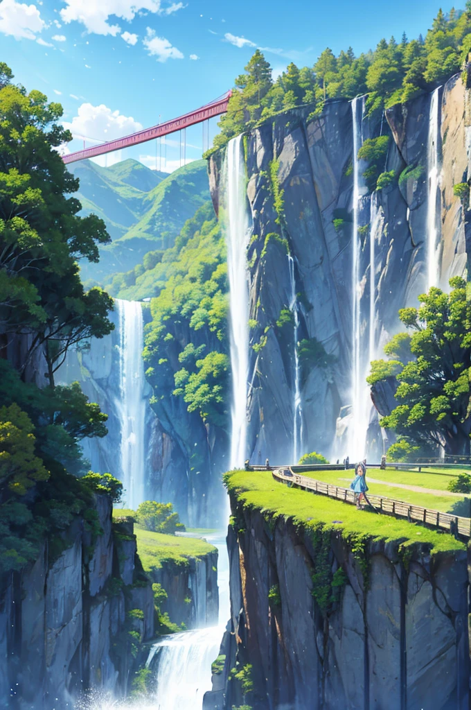Light blue long hair、Beautiful girl with twin tails、Bright smile、T-Shirts、Denim shorts、Large image in the center、A large suspension bridge spanning a valley、A stream flowing through the valley from the bridge、Beautiful scenery、blue sky