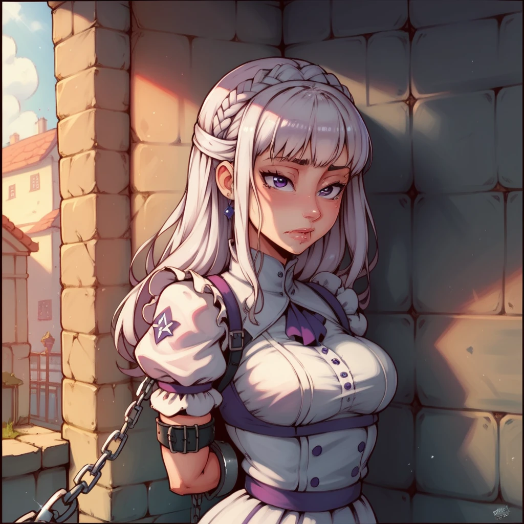 perfect lighting,HDR, ultra resolution , very detailed, masterpiece, ultra quality, 4K HD,emilia,chained to the wall,