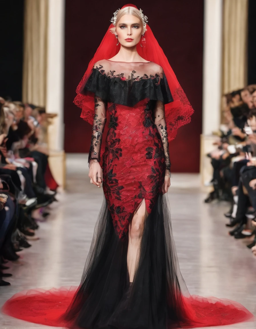 A blonde model with long black hair, well made-up and accessories with a red tulle dress and veil on a catwalk