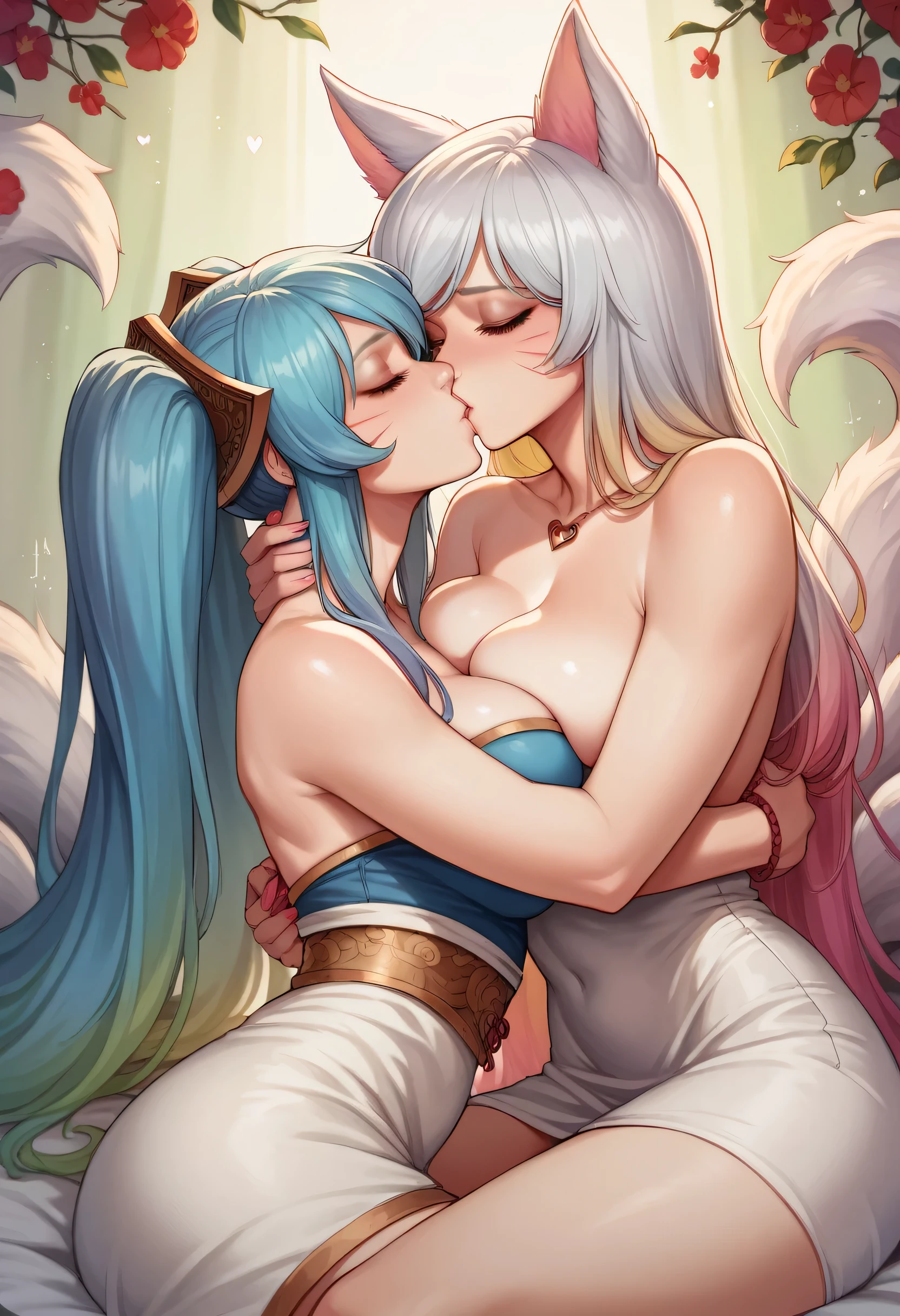 2 girls, sona buvelle on the left, ahri on the right, large breasts, hugging, kissing