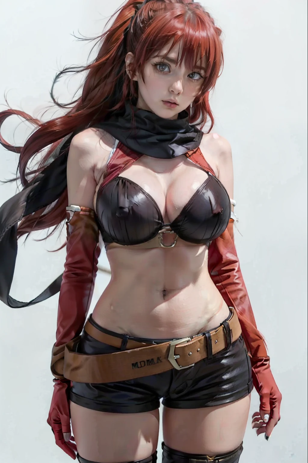 Maya Ikusaba,1 girl,thicc thighs,Shorts,Red hair,long hair,mitts,booties,hypdertailed,thigh booties,へそ,elbow mitts,medium breasts,tissue,neckleace,tummy,waist belt,cowboy_outlet,(simple background:1.3),(White background:1.3),, (work of art:1.3), (best qualityer:1.3),