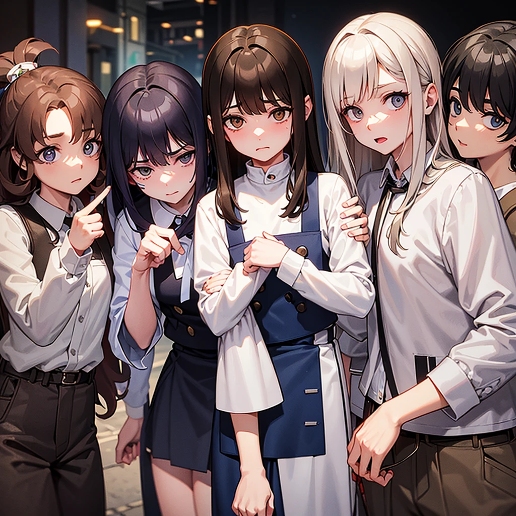 1 girl with medium sized curly hair, brownhair, honey-colored eyes with 2 spots on the right side of the face and white skin color, wearing uniform with white shirt, dark blue pants with white line on the pants, clothes with blood holding an ax in hand, 1 with shoulder-length straight hair , brown hair color, dark brown eyes and white skin color, uniform with white shirt with dark blue pants with line on pants with blood on clothes holding a broom , 1 de brownhair curtos e olhos castanhos escuros vestindo camisa branca com calça azul escura cheia de sangue segurando um taco de beisebol e sua cor de pele é moreno, all of them with a somewhat sad face, all with the entire body facing forward, looking at the camera, the scene behind them a school in front with some zombies, the lighting is a little dark but you can see everything, all 3 together in the same place, They are all teenagand are in high school