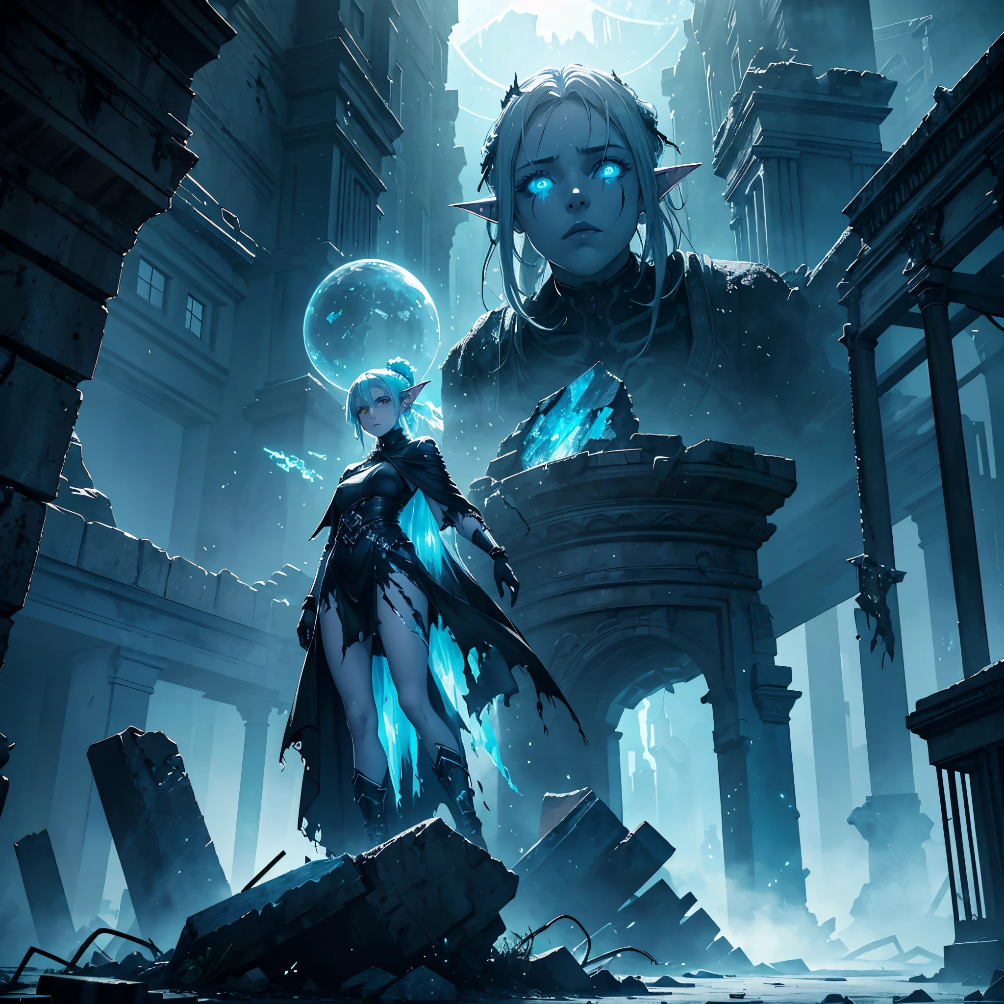 Woman, imposing spectrum, (Eleven), ethereal and dark appearance, torn garments, surrounded by shadows, aura of despair, eyes shining icy blue, ice and shadow skills, spectral appearance with fog and ice visual effects, ancient ruins in the background, corrupted, Ranni, full body, character focus, greenish skin, elf ears, bluish glow