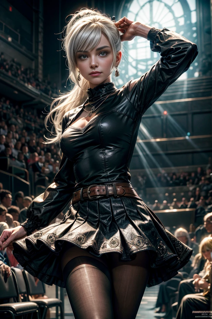 (masterpiece, best quality:1.2), cowboy shot, dynamic pose,  weissvale, smile, closed mouth,  long white hair, side ponytail, scar above eye, scar below eye, t-shirt, skirt, pantyhose,  jewelry, necklace, earrings, future_urban, standing in theater, microphone, orchestra, audience, crowd, (volumetric lighting), intricate details, tonemapping, sharp focus, hyper detailed 