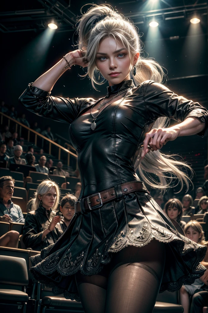 (masterpiece, best quality:1.2), cowboy shot, dynamic pose, weissvale, smile, closed mouth, long white hair, side ponytail, scar above eye, scar below eye, t-shirt, skirt, pantyhose, jewelry, necklace, earrings, future_urban, standing in theater, microphone, orchestra, audience, crowd, (volumetric lighting), intricate details, tonemapping, sharp focus, hyper detailed