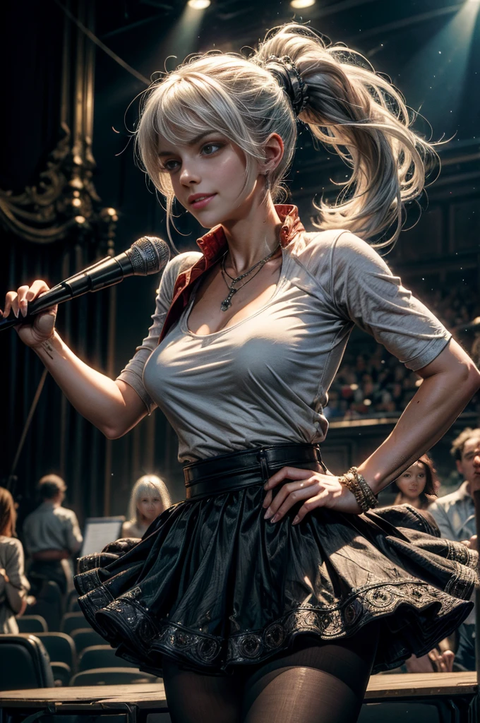 (masterpiece, best quality:1.2), cowboy shot, dynamic pose, weissvale, smile, closed mouth, long white hair, side ponytail, scar above eye, scar below eye, t-shirt, skirt, pantyhose, jewelry, necklace, earrings, future_urban, standing in theater, microphone, orchestra, audience, crowd, (volumetric lighting), intricate details, tonemapping, sharp focus, hyper detailed