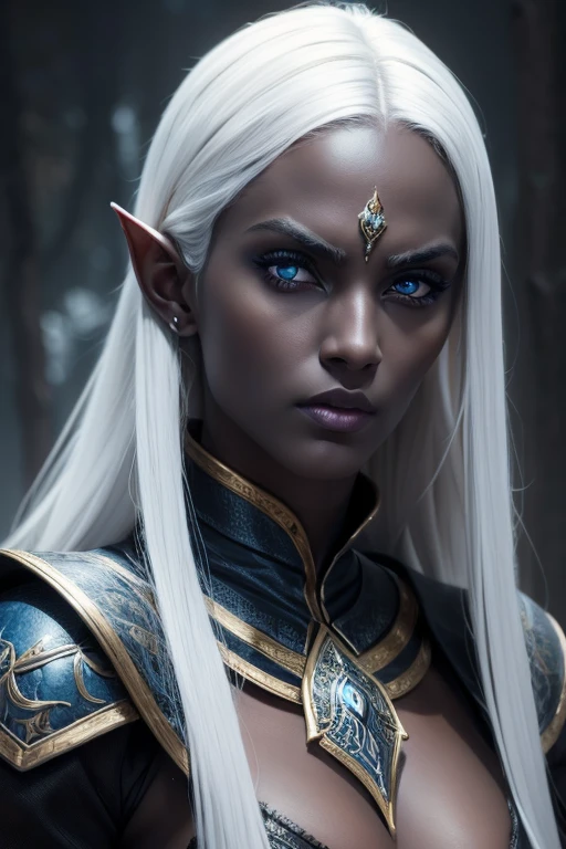 a beautiful dark elf woman, drow, with dark gray skin and long white hair, shining blue eyes, detailed and intricate facial features, Porcelain Skin, impressive eyes, fleshy lips, slender figure, Ranger clothing, dramatic lighting, fantasy dramatic scene, dark and moody atmosphere, detailed textures, highy detailed, 8k, cinematic, award-winning works of art, digitalpainting, conceptual artwork, photorrealistic