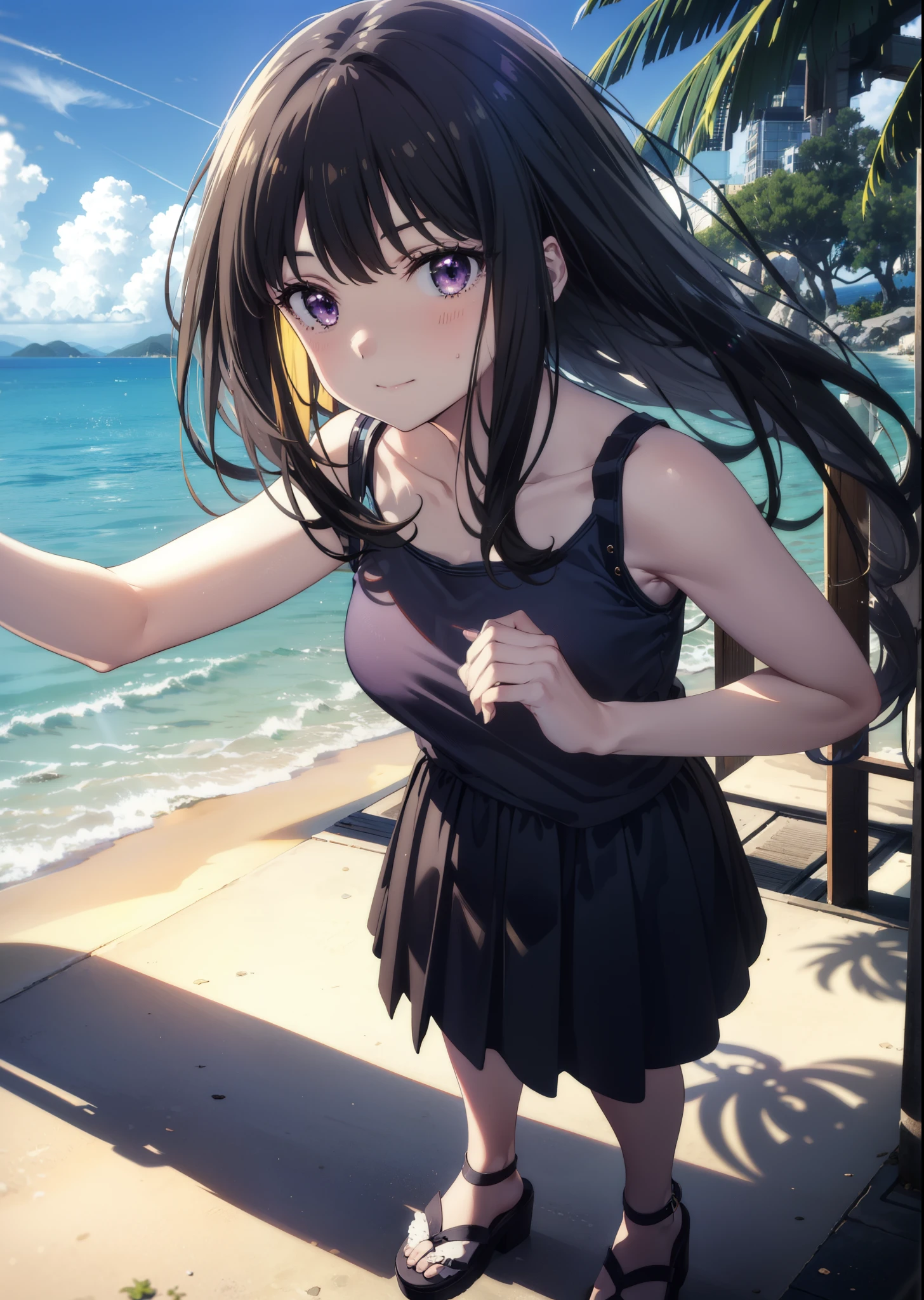 Takiuchikami, Check it out, Long Hair, bangs, Black Hair, (Purple eyes:1.2),Blue Tank Top,White long skirt,Heeled Sandals,Daytime,Clear skies,Palm tree,Are standing,smile,Close your mouth,blush,whole bodyがイラストに入るように,
break outdoors, tropical,Tropical,Coastal Road,
break looking at viewer, whole body,
break (masterpiece:1.2), Highest quality, High resolution, unity 8k wallpaper, (figure:0.8), (Beautiful attention to detail:1.6), Highly detailed face, Perfect lighting, Highly detailed CG, (Perfect hands, Perfect Anatomy),