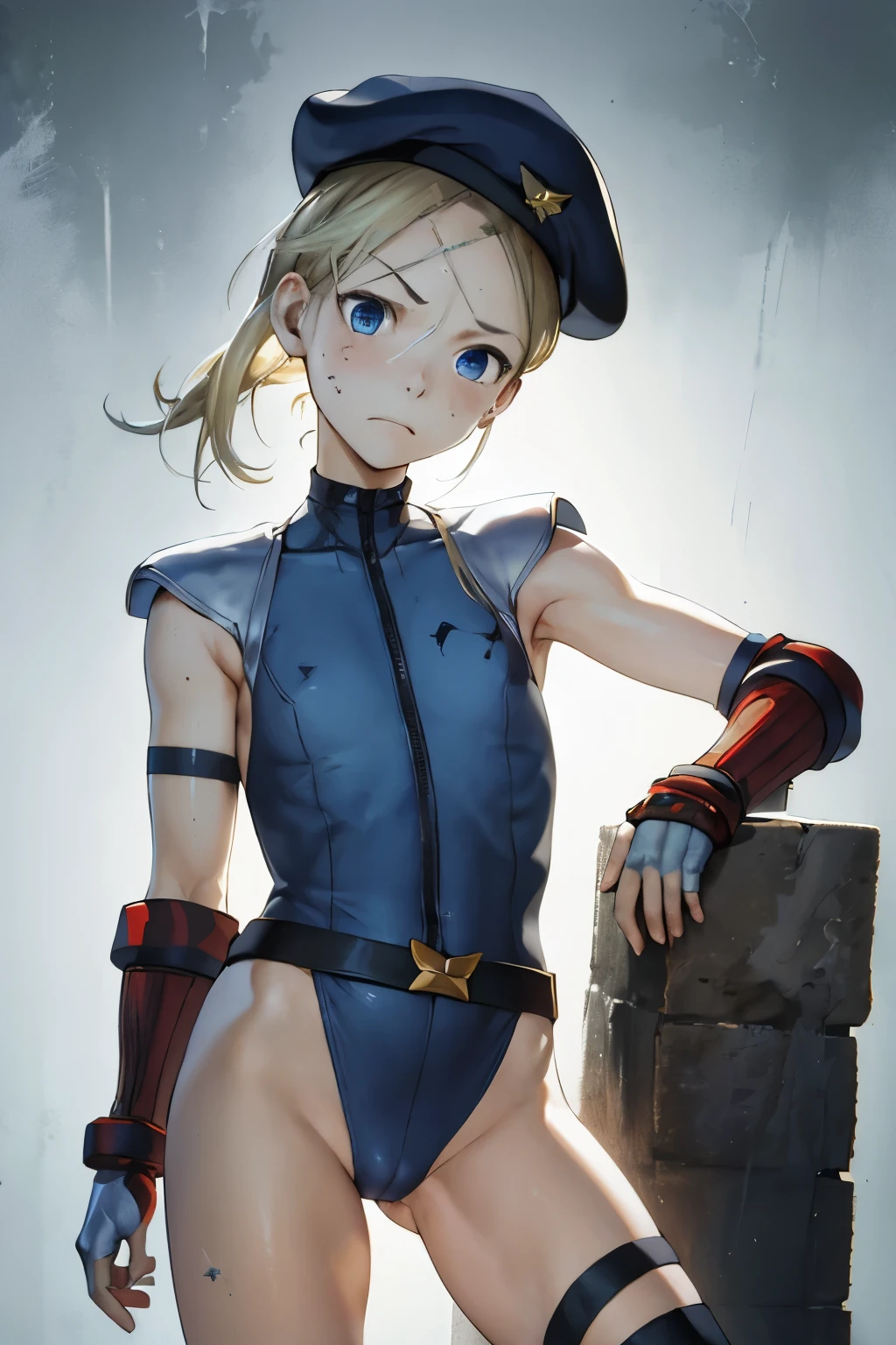 masterpiece , best quality, highres , sarah Miller ,1girl, blonde hair ,Angry face , beret, (Cammy white ) , ( Head Outfit:1.3), blue eyes, scar on cheek, green leotard , flat chest , sleeveless, gloves, ultra detailed , Standing,