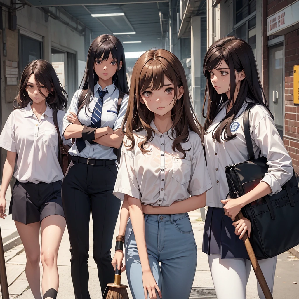 1 girl with medium sized curly hair, brownhair, honey-colored eyes with 2 spots on the right side of the face and white skin color, wearing uniform with white shirt, dark blue pants with white line on the pants,  clothes with blood holding an ax in hand, 1 with shoulder-length straight hair , brown hair color, dark brown eyes and white skin color, uniform with white shirt with dark blue pants with line on pants with blood on clothes holding a broom  , 1  de brownhair curtos e olhos castanhos escuros vestindo camisa branca com  calça azul escura cheia de sangue segurando um taco de beisebol e sua cor de pele é moreno, all of them with a somewhat sad face, all with the entire body facing forward, looking at the camera, the scene behind them a school in front with some zombies, the lighting is a little dark but you can see everything, all 3 together in the same place, They are all teenagand are in high school