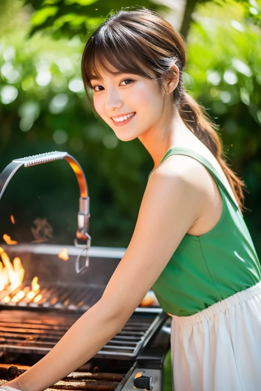 High resolution, masterpiece, Anatomically correct, Attention to detail, High resolutionモデル, One Woman, cute, In the woods、Beautiful Japanese woman grilling meat for a barbecue, 28 years old, A can of beer in one hand, Bangs, Low Ponytail, Braided Ponytail, Smile pleasantly, A sleeveless white dress with a beautiful navy blue gradient, A stylish dress made of thin fabric, Fresh Green Forest, Bright sunlight, The outline of her hair shines in the backlight., Due to the reflection of the surface of the barbecue grill、Provides a good lighting effect on the face from below, whole body,, Cinematic Lighting Effects, hot summer images, sense of openness,