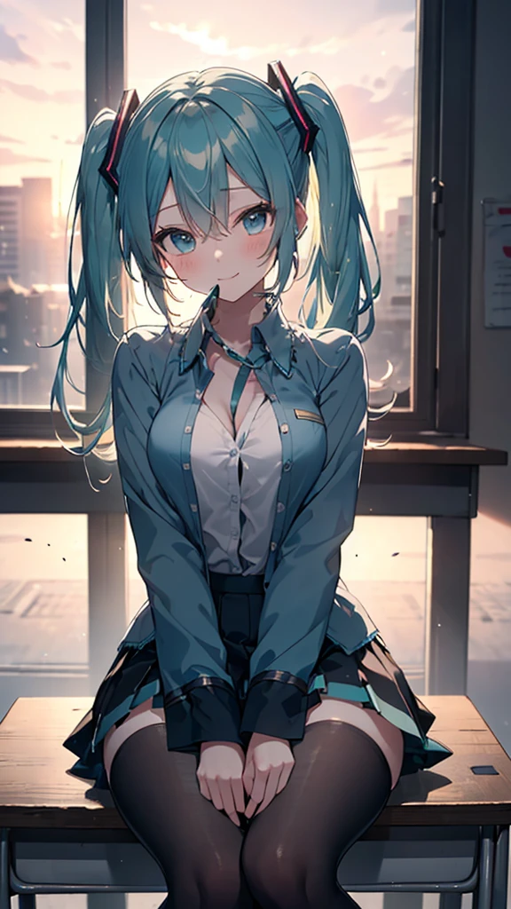 (masterpiece,Super Detail,In 8K,Best Original Score,Moody lighting,Photorealistic,Dynamic Shot)1.5,View from the front,alone,(hatsune miku,Light blue twin tails)1.3,Beautiful attention to detail,Looking into the camera,Close one eye,Wink,Mischievous Smile,Smooth, lustrous skin,Tear,(Sit on a desk,Spread your legs,Put your index finger over your mouth,Use your other hand to unbutton your blouse)1.5,Blouse with exposed chest,Grey and black checked mini skirt,Cute bangles,Dazzling Sunset,Backlight,In the classroom,Particles of light、Touching her chest